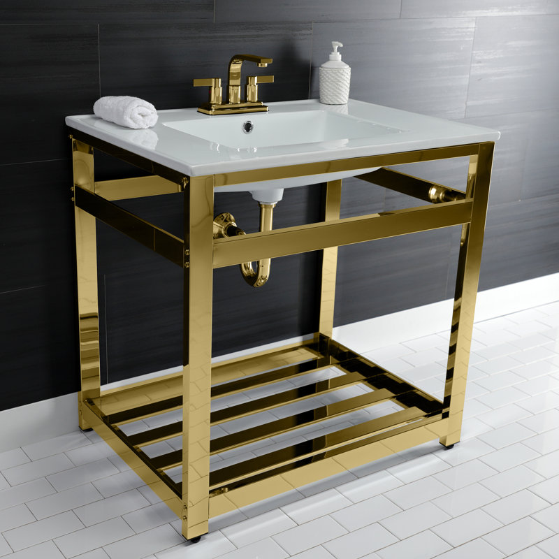 Kingston Brass Quadras 31-Inch Ceramic Console Sink with Steel Base and Shelf, White/Polished Brass, 4" Centers