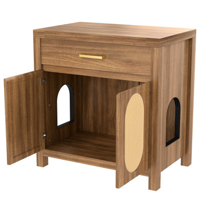 Multi - Purpose Cat Litter Box Enclosure, Wooden House Cabinet, , Storage Drawer For Trash Bags, Scratch Pads, Expandable Suite, Sealing Strip Washroom Table, , Two Room Expandable,