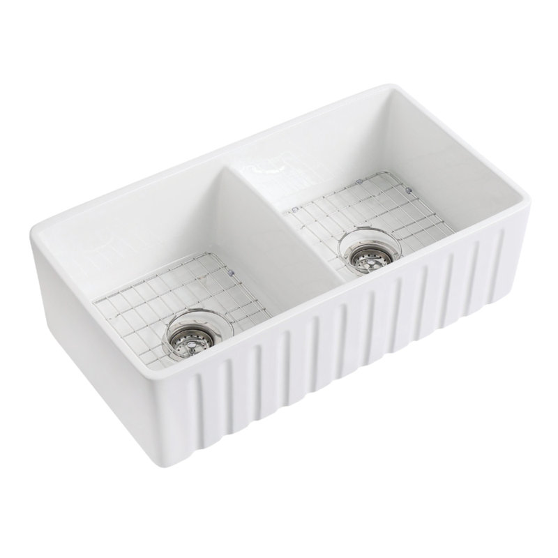 Kaolin 33-Inch Glossy White Ceramic Double Bowl Farmhouse Sink