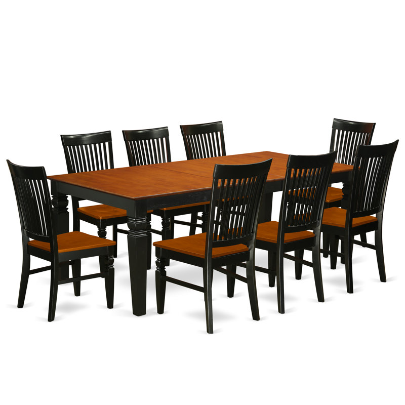 Ensemble de table de salle à manger 9 pièces moderne comprenant une table rectangulaire en bois avec feuille papillon et 8 chaises, noir et cerisier