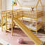 Lit superposé simple en forme de maison avec glissade, caractéristiques de conception multifonctionnelles, escalier de rangement et quincaillerie silencieuse pour l'espace, chambre à coucher à structure stable