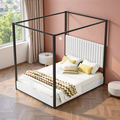 Lit plateforme à baldaquin avec tête de lit tapissier et structure en métal Upholstery