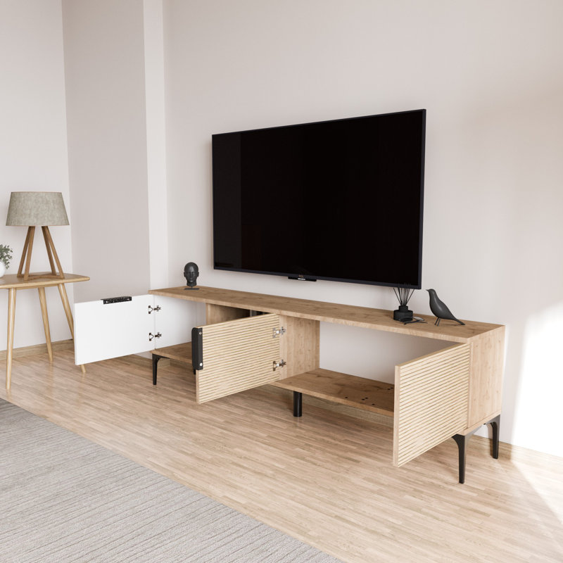 Meuble télé moderne avec option de fixation murale, panneau de particules 100% mélamine, finition blanche et chêne, 70,9 x 19,3 x 13,0 pouces | Comprend plusieurs tablettes et des pieds de 6,3 pouces | Design scandinave pour salon élégant et espaces multimédias