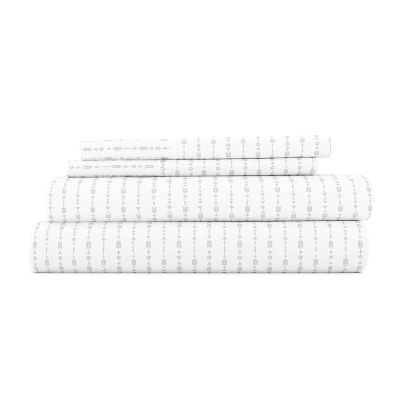 Home Beaded Arrows Striped Pattern Microfiber Sheet Set, Queen, Light Gray