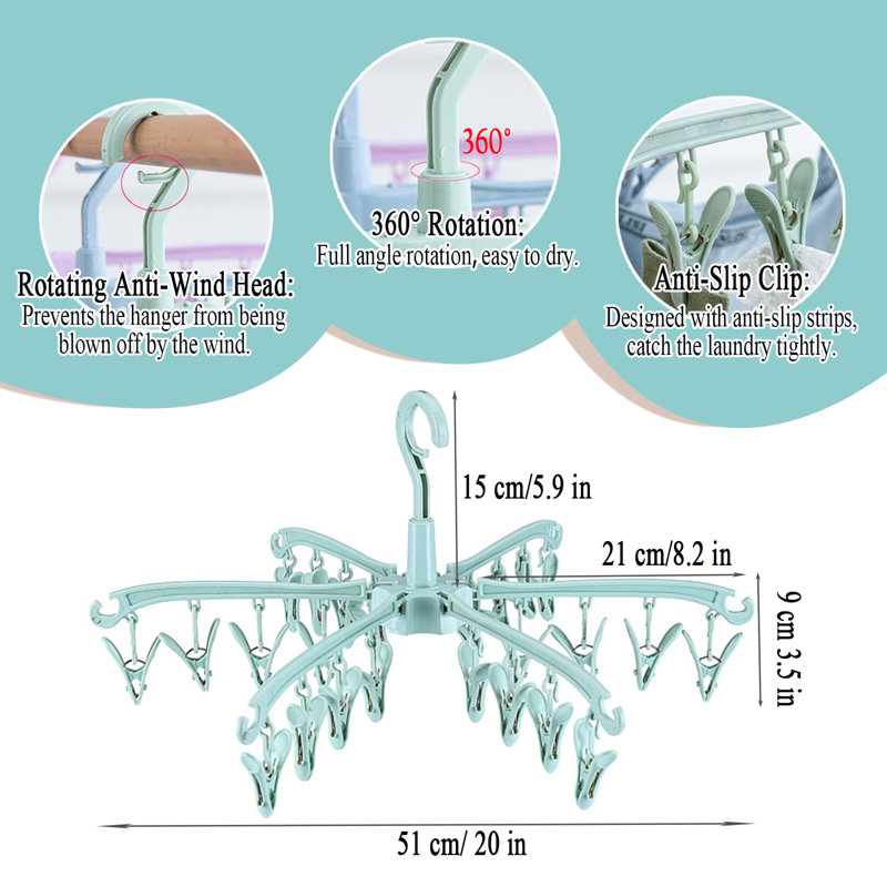 Foldable Drying Rack With 24 Clips For Drying Socks Lingerie Baby Clothes Drying Towels Rotatable Sock Drying Rack 2 PCS