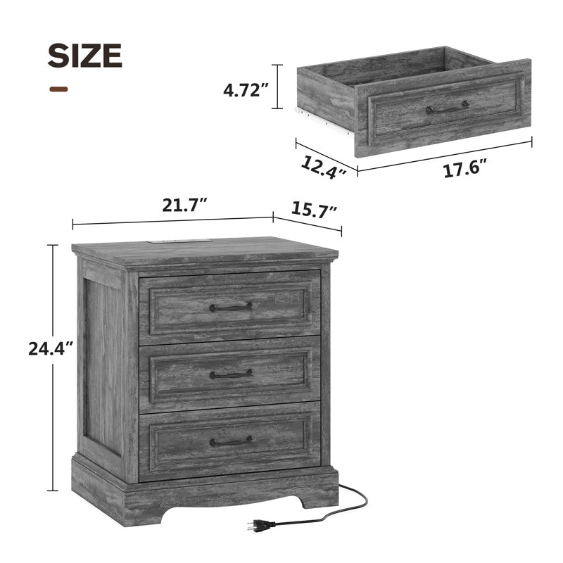 Table de chevet Farmhouse avec station de charge, table de bout large avec 3 grands tiroirs pour l'armoire de rangement de la table de chevet moderne, petite commode en bois pour le salon, le placard, le couloir, l'entrée du bureau, gris foncé