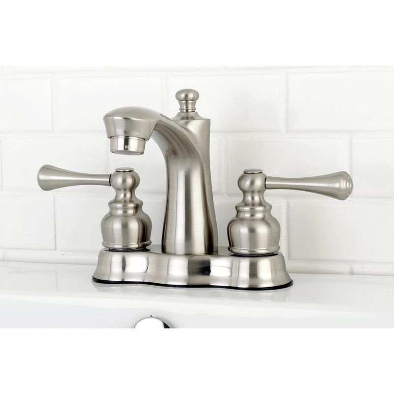 Kingston Brass Vintage Two-Handle 3-Hole Deck Mount 4" Centerset Bathroom Faucet with Plastic Pop-Up, Brushed Nickel