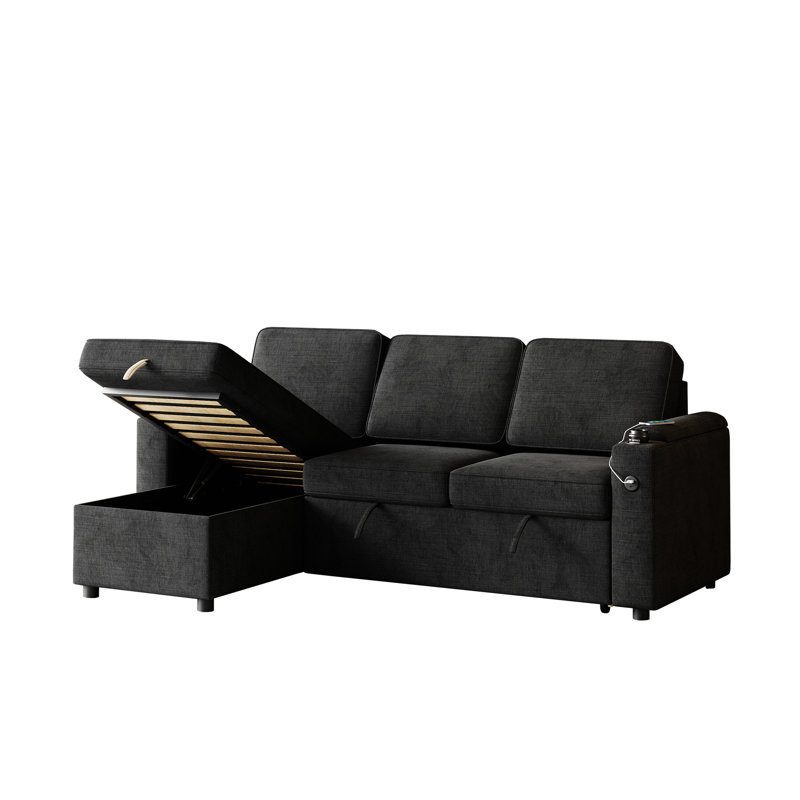 Canapé-lit convertible avec méridienne réversible Sylvanis, Mélange de polyester noir