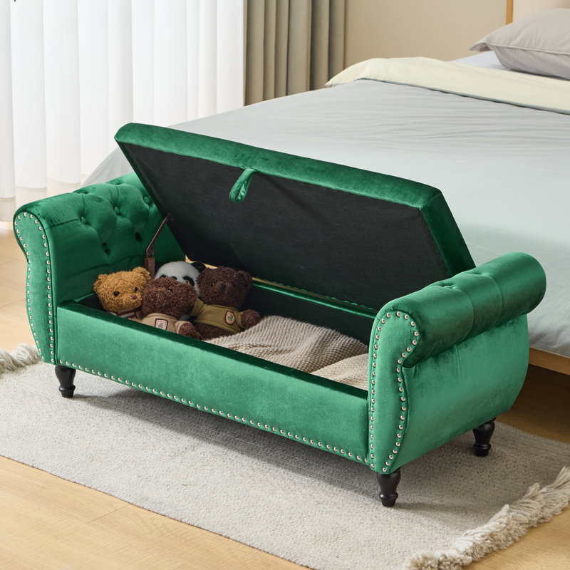 Banc repose-pieds rectangulaire en velours avec rangement et 1 coussin, vert foncé, émeraude