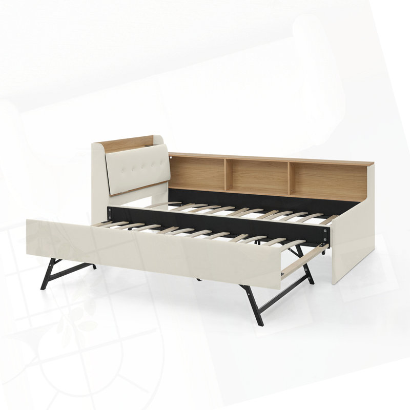 Velvet Upholstered DayBed Twin Size, Beige with Trundle