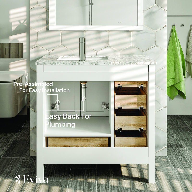 Eviva London 36"W x 18"D Bathroom Vanity with Undermount Porcelain Sink, Quartz - White Carrara, Espresso, 36" W x 18" D