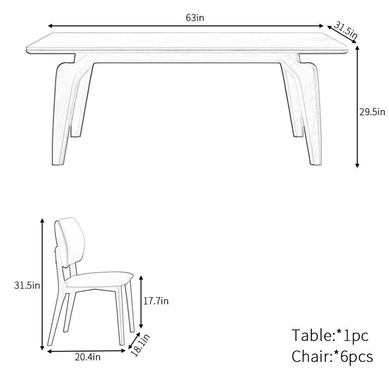 Light luxury simple rectangular dining table set, 29.5"H x 63"L x 31.5"W