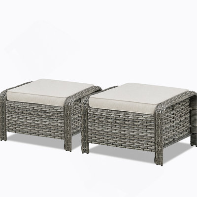 Outdoor PE Wicker Ottomans Set Of 2, Patio Gray Rattan Footrests With Beige Cushion For Backyard Or Deck