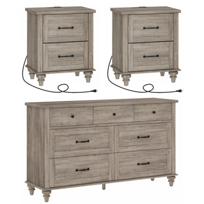 Scarlett 3 Piece Bedroom Set - Includes 7 Drawer Dresser For Bedroom, Set Of 2 Nightstands With Charging Station & Drawers, 3 Piece Dresser And Nightstand Sets