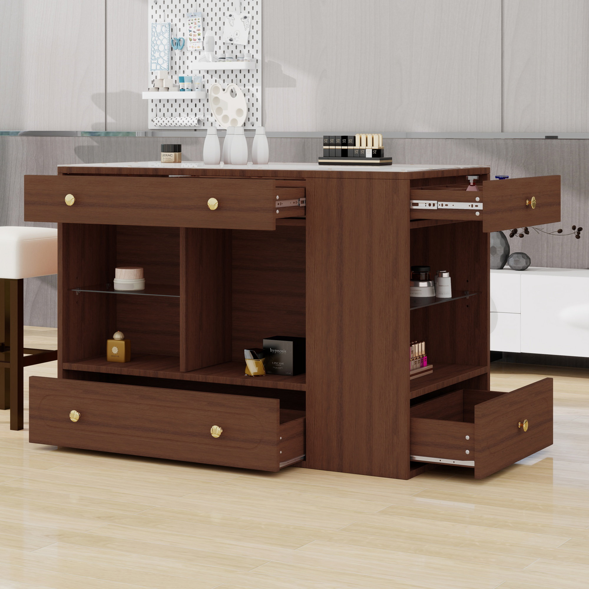 Red Barrel Studio® Closet Island with 6 Drawers, Glass Display Top ...