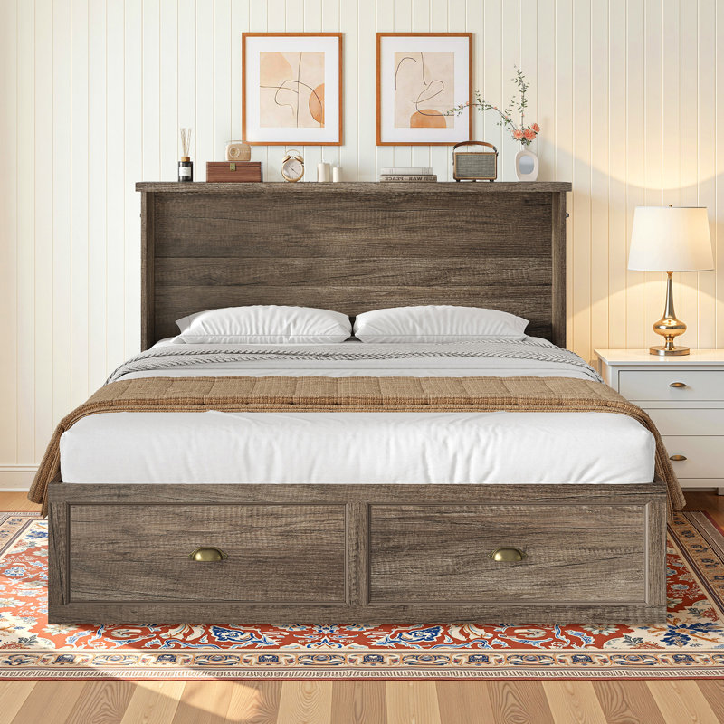 Grand lit escamotable Farmhouse avec station de charge et matelas pliable inclus, gris rustique, gris, Grand