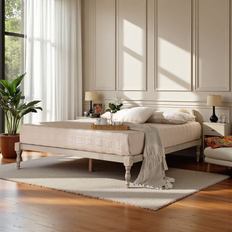 Tranquility King Size Platform Bed Frame in Antique White Finish, 12.77'' H X 77.04'' W X 81.10'' L, King