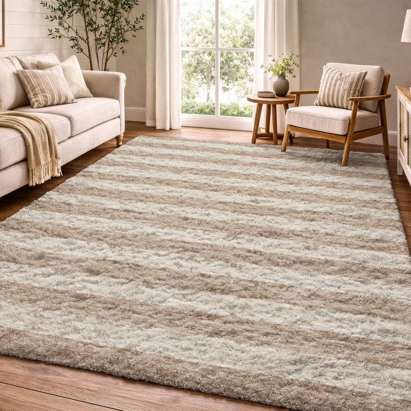 Premium Machine Washable Dream Shag ADS530 Striped Rug, Beige, 5' x 7'6"