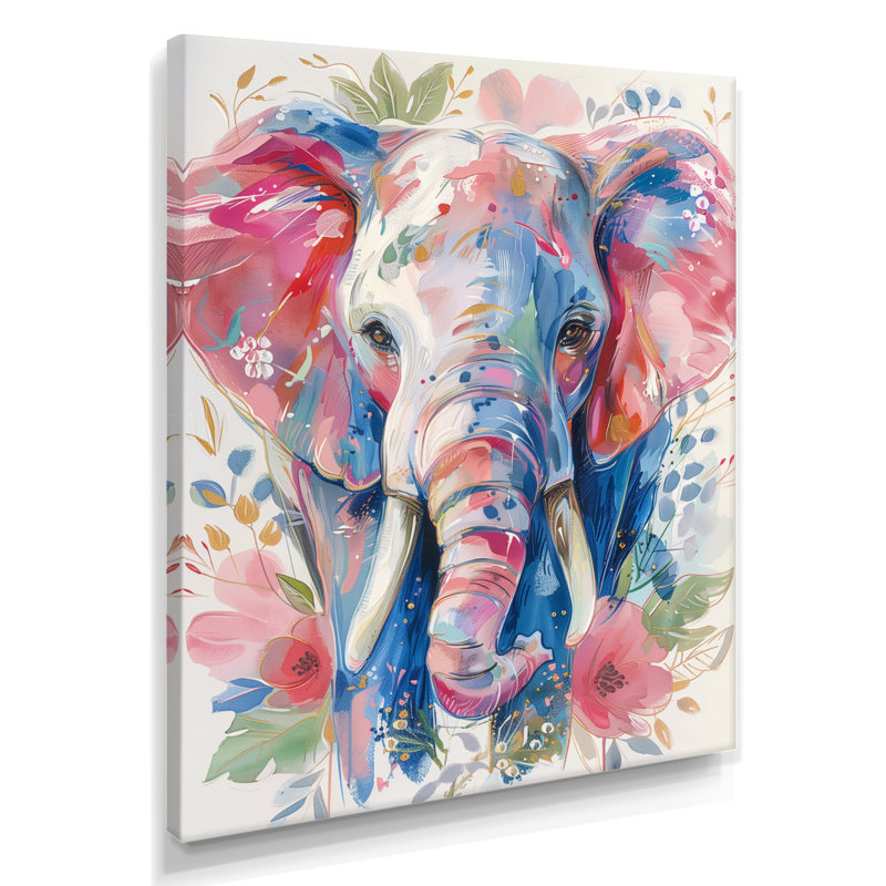 Pépinière, gris, rose, magnifique éléphant II - éléphant, art mural animal, Toile tendue, H 12 po x l 20 po