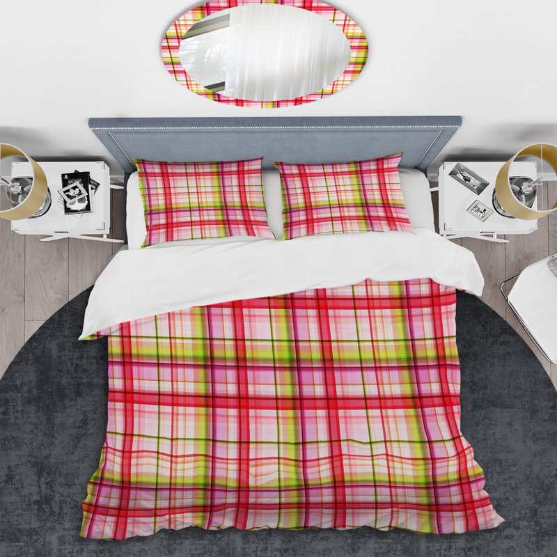 Tartan à carreaux roses - Ensemble de housse de couette abstrait - Microfibre de polyester