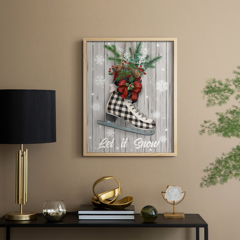 Patins de Noël, reproduction encadrée - bois massif, H 15 po x l 12 po, Naturel