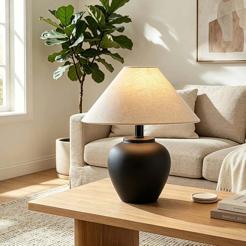 Lampe de table rustique en céramique noire avec abat-jour en lin, lampe de chevet de style campagnard avec ampoule à DEL gratuite, lampe de table de chevet confortable pour le vestibule de la chambre