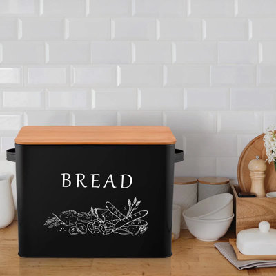 Bread Box With Wooden Lid, 13.1” X 7.2” X 9.7” Metal Bread Container Storage Holder For Family Farmhouse Kitchen Countertop, Powder-Coated & Healthy, Large Capacity & Classic Pattern (Black)