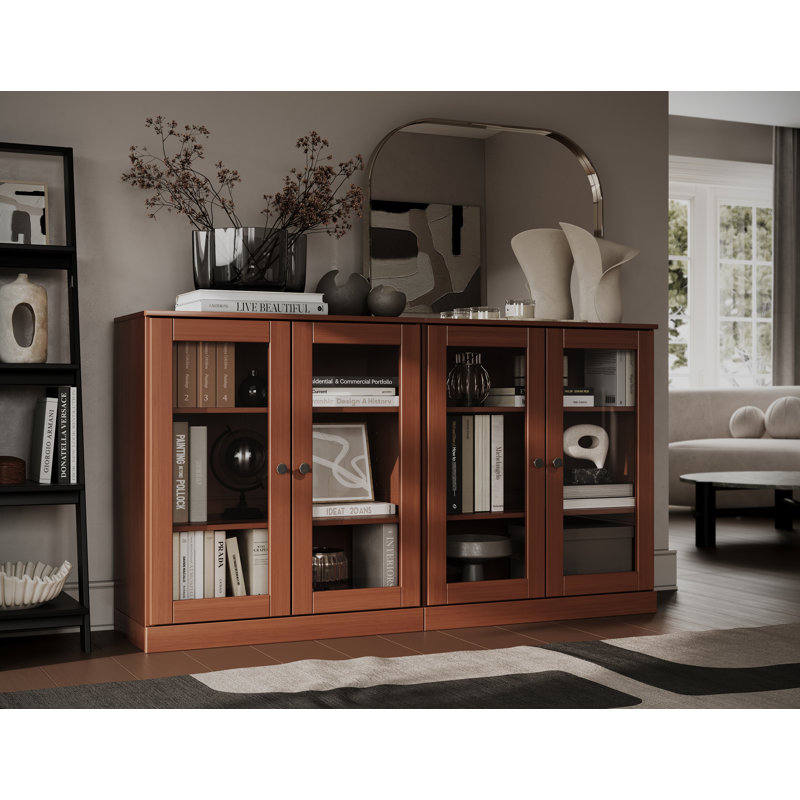 100% Solid Wood 64" Sideboard with Clear Glass Doors and Adjustable Shelves, Mocha