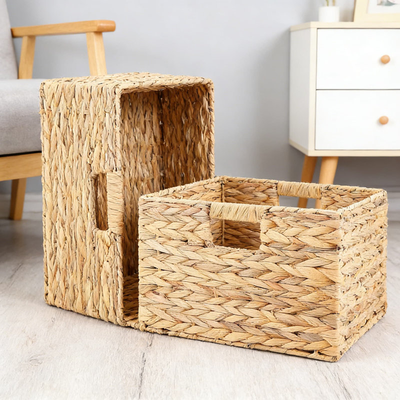 Paniers de rangement en jacinthe d'eau tissés à la main avec poignées, bacs cubiques pliables tissés pour l'organisation à la maison, la lessive et le rangement des tablettes