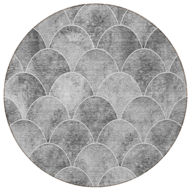 Tapis d'intérieur rond lavable abstrait gris anthracite et ivoire 8 pi