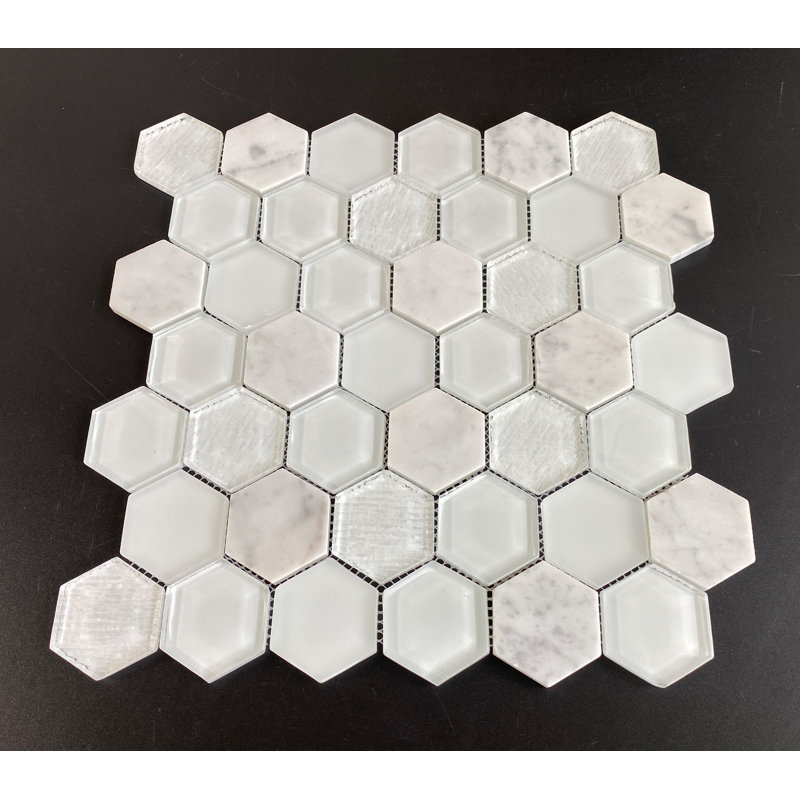 2" x 2" Honeycomb Mosaic Wall Tile, White Glass / White Carrara