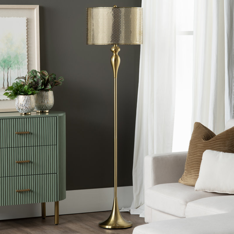 Lampe sur pied avec abat-jour double tambour, Or brossé