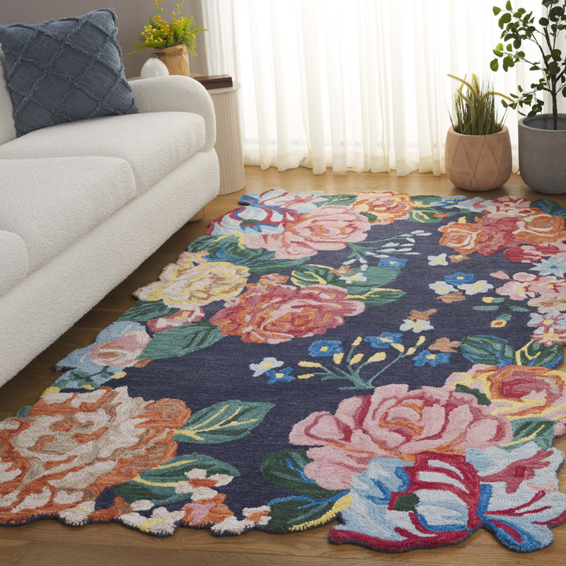 Jardin Hand Tufted Wool/Cotton Floral Rug in Pink/Navy, Rectangle 8' x 10'