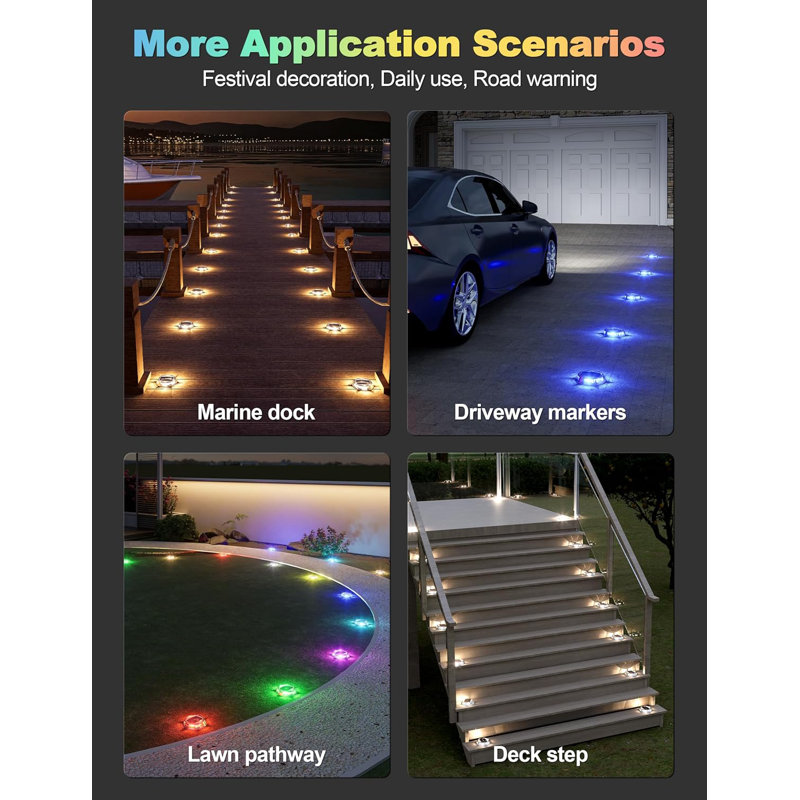 Solar Driveway Dock Deck Lights 12 Pack,9 Colours In 1 Led IP67 Waterproof Outdoor Warning Step Lights For Driveway Sidewalk Pathway RGB