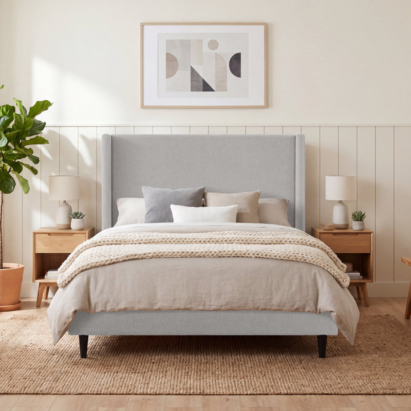 Ana Upholstered Wingback Platform Bed, Gray Canvas, Queen