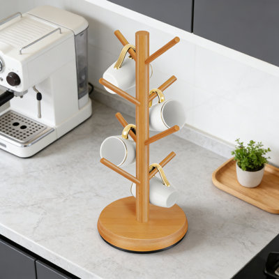 Mug Holder Tree With 360° Rotating Base, 8-Hook Coffee Cup Rack For Countertop, Sustainable Bamboo Wood Mug Organizer For Kitchen And Coffee Bar
