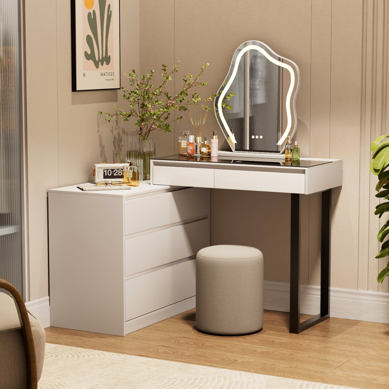 Bureau de coiffeuse de coin avec miroir et lumières, coiffeuse en L 58 po avec plateau en verre, grande coiffeuse avec 2 tiroirs et commode à 3 niveaux pour la chambre à coucher, blanc
