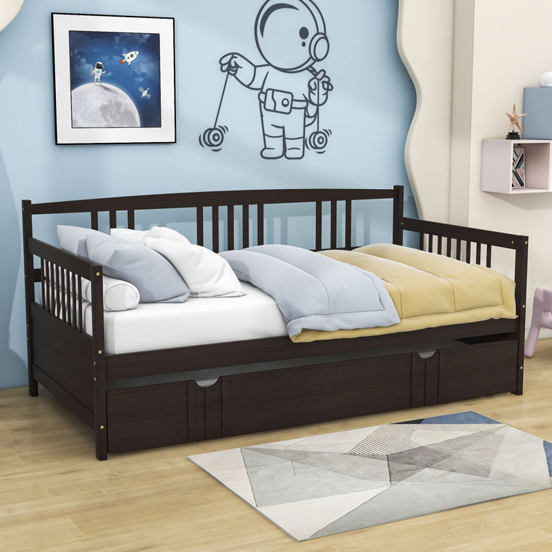 Jaye Wooden Daybed with Twin Size Trundle, Espresso, Twin