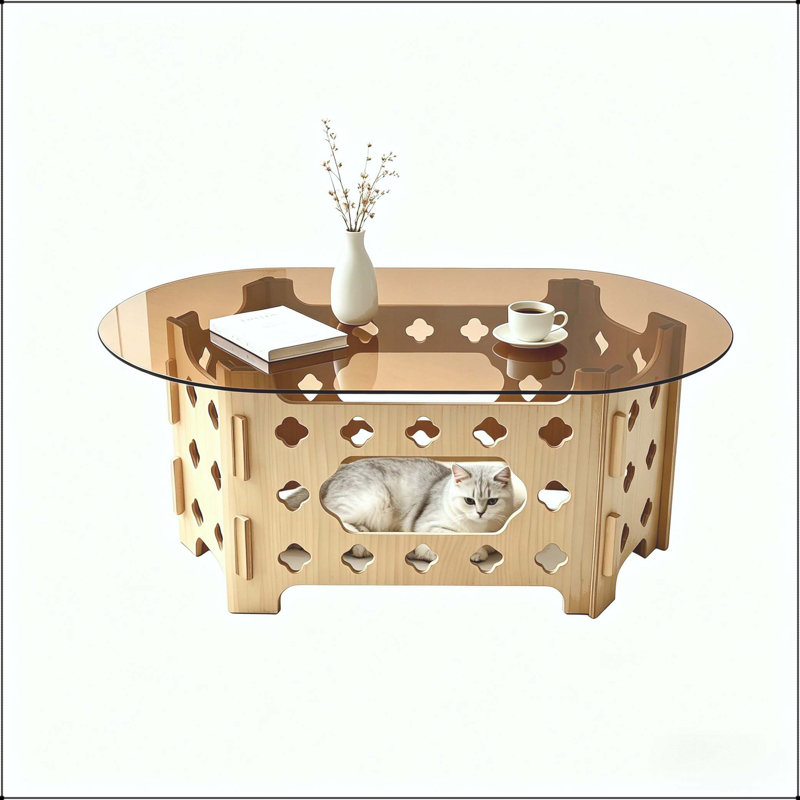Table basse ovale avec nid de chat caché - Verre trempé de couleur thé