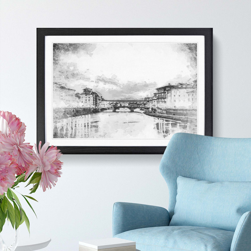 Ponte Vecchio Bridge in Florence Italy - Framed Print, 60cm H x 91cm W x 2cm D, Black