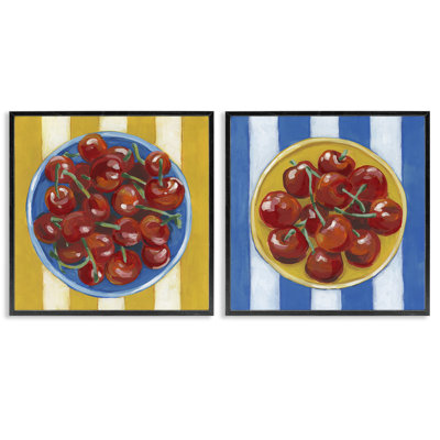 Stupell Industries Cherry Bowl Summer Stripes 2 Piece Giclee Art Set, Design By June Erica Vess In Midnight Black Framed Giclee
