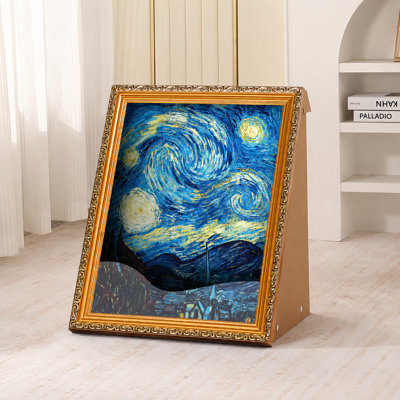4D Visual Framed Oil Painting Cat House with Built-in Corrugated Cardboard Scratcher, Multi Art Pattern Decorative Indoor Cat Bed Nest Stable Triangle Structure Easy Assembly for Small Medium Cats Brown