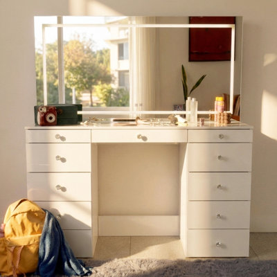 Boahaus Elara Extra-Large Vanity Desk with LED Mirror – 11 Drawer Makeup Vanity Designed as a Complete Dressing Station with Integrated Power and Speakers