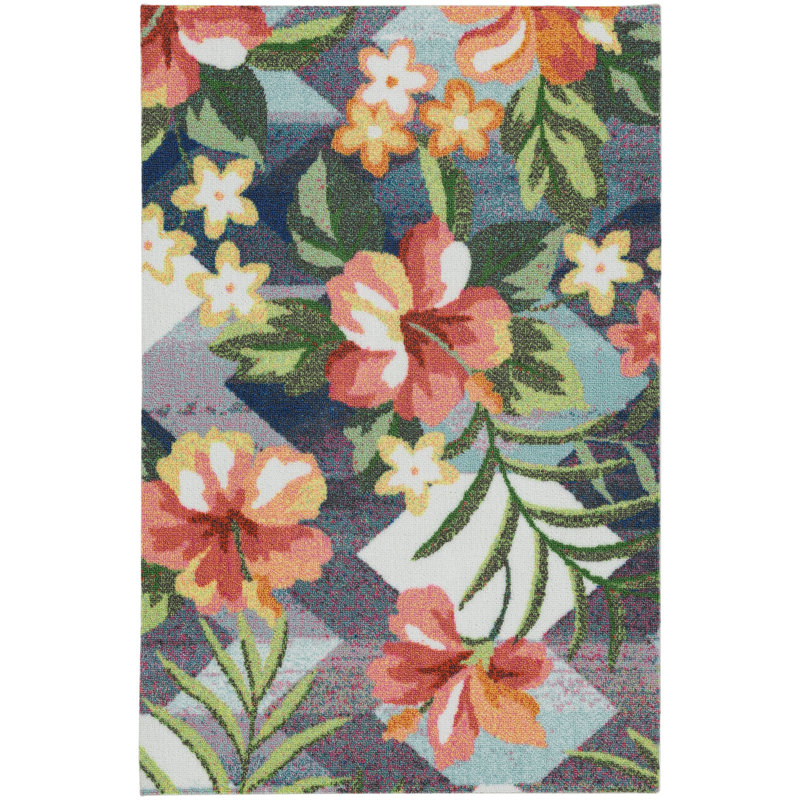 Sunshine Outdoor Rug Orange Bloom Floral Green Leaves Blue Area Rug, Rectangle 2' x 3'