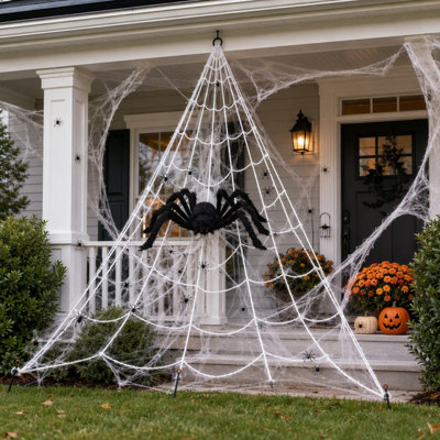 Ensemble de décoration de toile d'araignée pour l'Halloween, comprenant 1 araignée géante noire poilue de 150 ou 200 cm avec une toile triangulaire de 5 m, 20 petites araignées et une toile extensible pour la décoration extérieure d'une maison hantée.