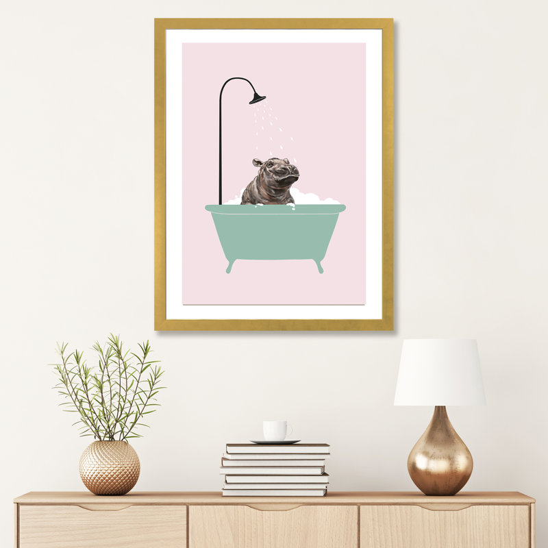 Hippopotame dans une baignoire, art encadré, H 32 po x l 24 po x P 1 po, Papier encadré doré