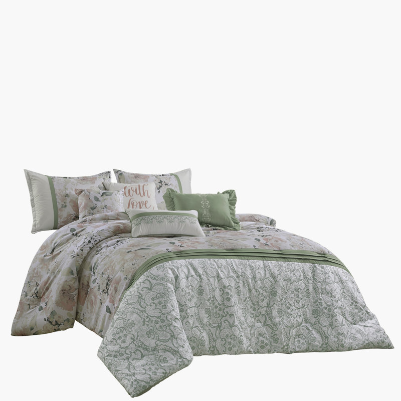 Ensemble d'édredon 7 pièces Blush and Sage Floral avec détails brodés et imprimés, doux microfibre de polyester