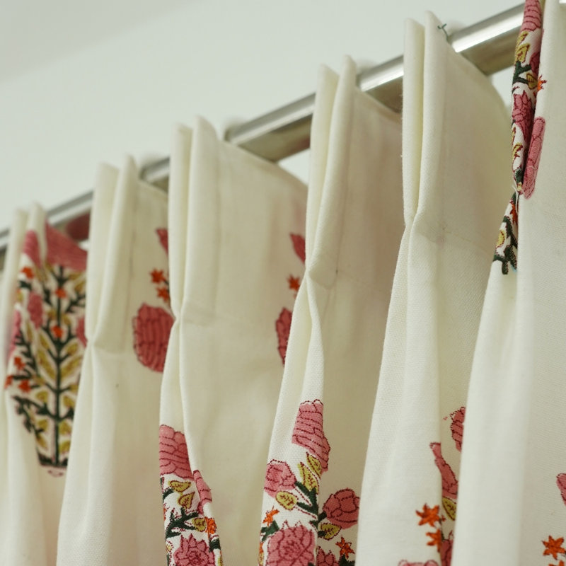 Fabdivine Thick Cotton White Soft, Chic 27x72 Inches Floral Handmade Block Print Pink and Brown, Pleated Curtains Perfect for Window Treatments 2 Panel Set Elegant 100% Blackout Drapes, Swadesh