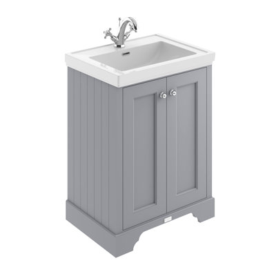 Bayswater 600mm Plummett Grey 2 Door Floor Standing Cabinet With 1 Tap Hole Fireclay Basin