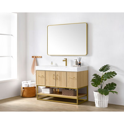 Ensemble de meuble-lavabo à simple cuve 48 "en chêne foncé avec plateau en pierre composite à grain blanc Scotto